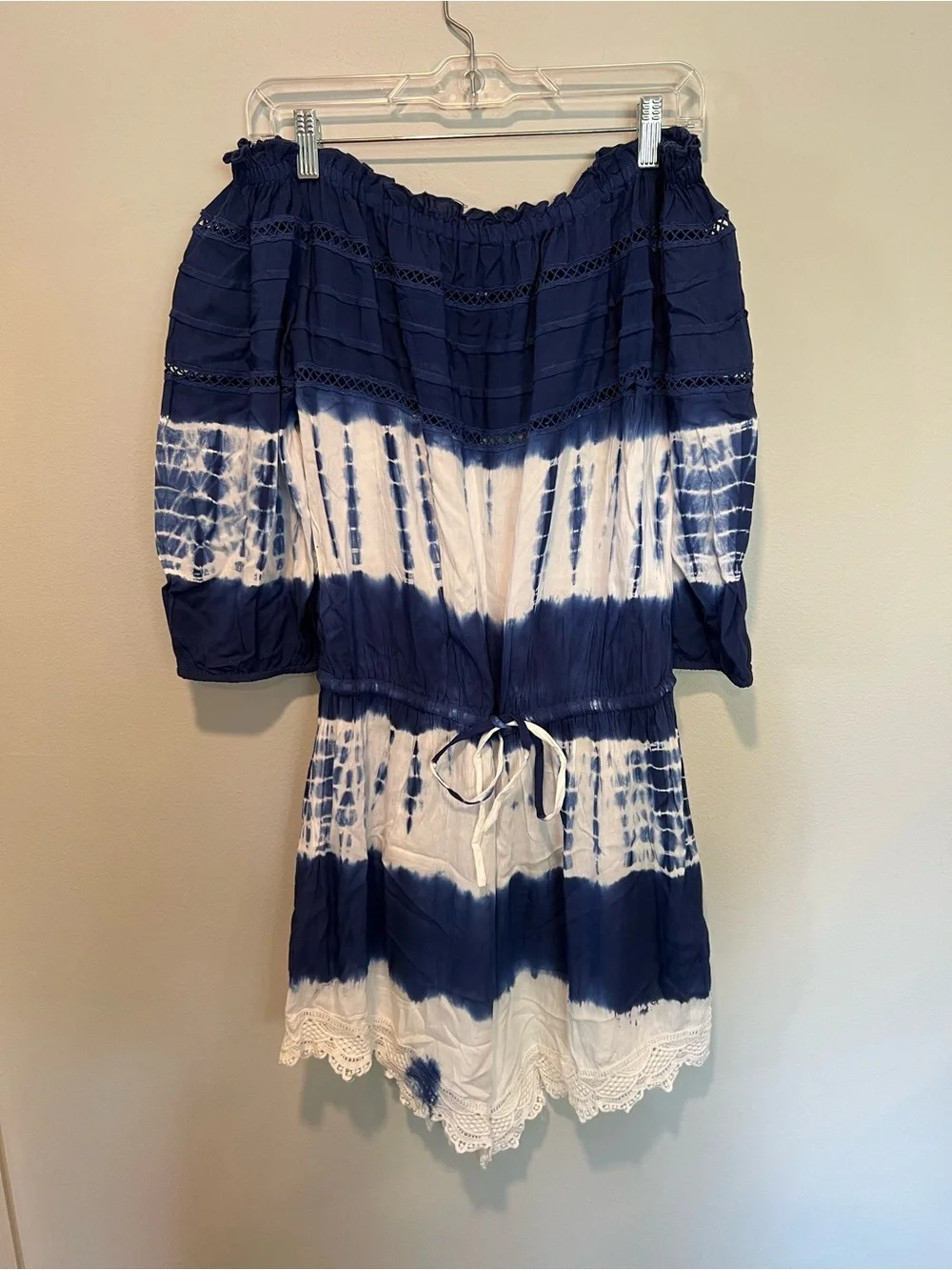 NWT Solitaire Swim Blue White Tie Dye Off Shoulder Romper XL